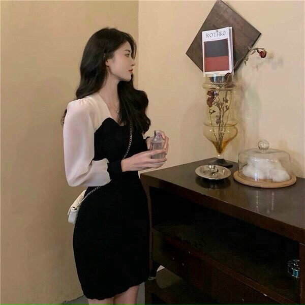 Váy đầm nữ vải kate phối tay