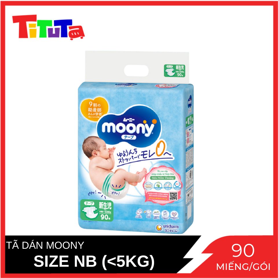 Tã Dán Sơ Sinh Moony Cao Cấp Size NB (<5KG) (Xanh) Gói 90 Miếng