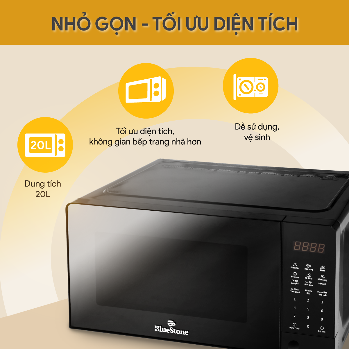 Lò Vi Sóng Điện Tử BlueStone MOB-7815 - Dung tích 20L - Công suất 1100W - Bảng điều khiển điện tử-  8 chế độ nấu - Bảo hành 2 năm - Hàng chính hãng