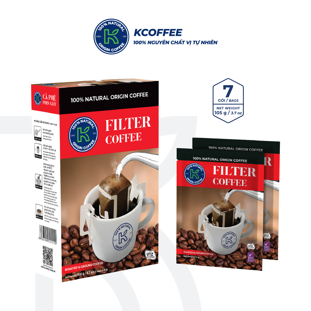Cà Phê Phin Giấy Nguyên Chất K Filter 105g (Hộp 7 gói x 15g) - Thương Hiệu K COFFE2