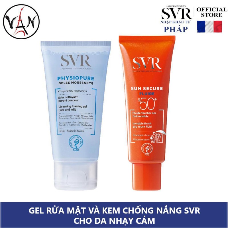 Bộ sản phẩm Gel rửa mặt SVR Physiopure và Kem chống nắng Fluide dành cho da nhạy cảm