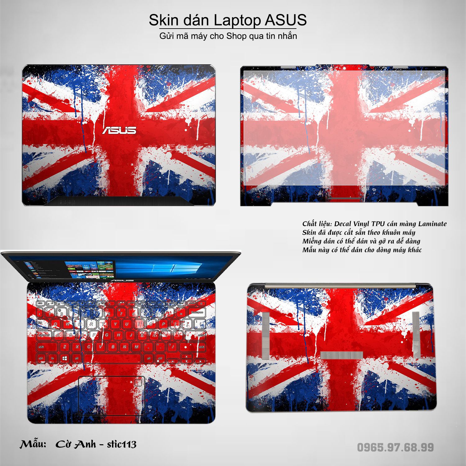 Decal Skin dán Laptop Asus mẫu cờ Anh (inbox mã máy cho shop)