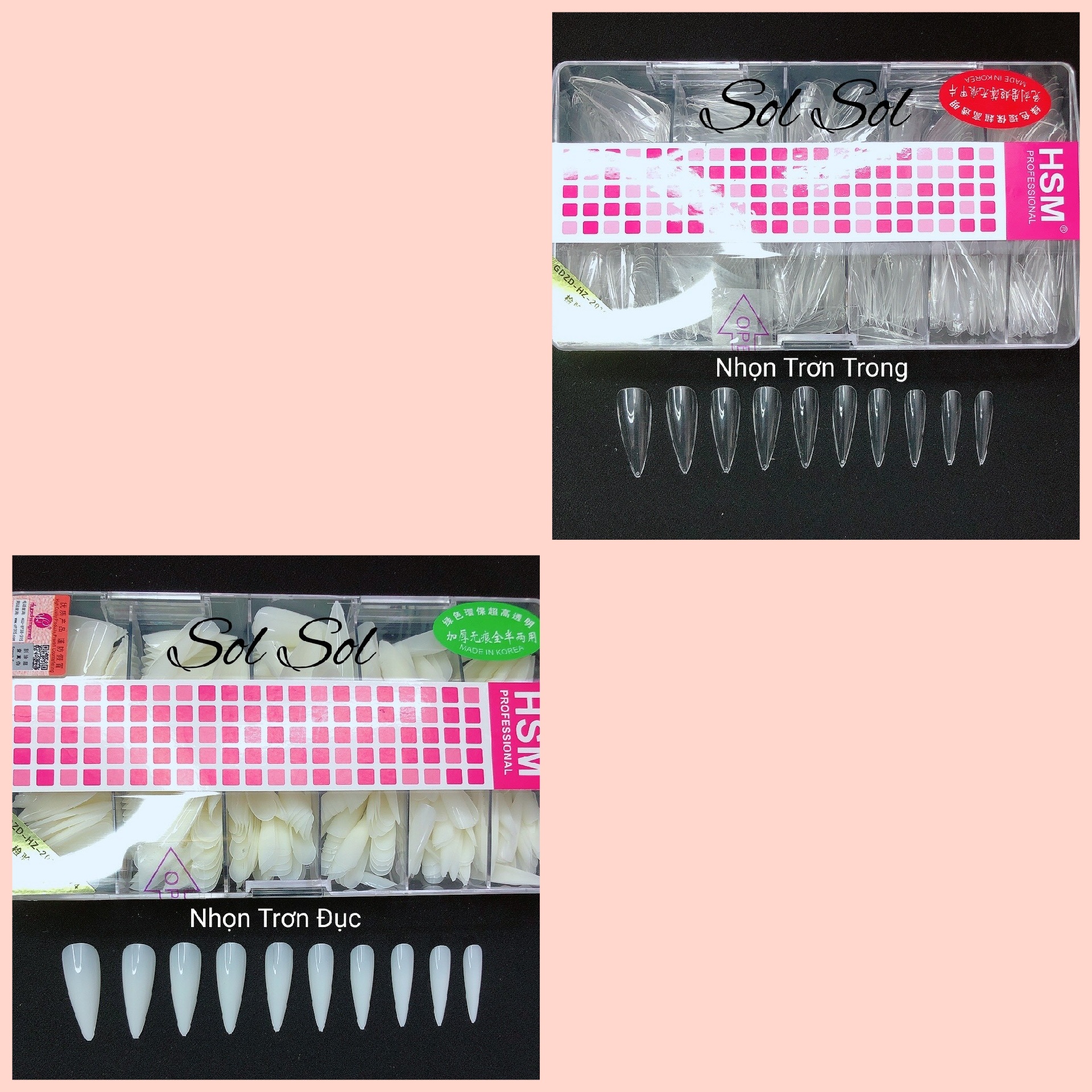 Hộp 500 móng úp HSM - phom NHỌN TRƠN đủ size