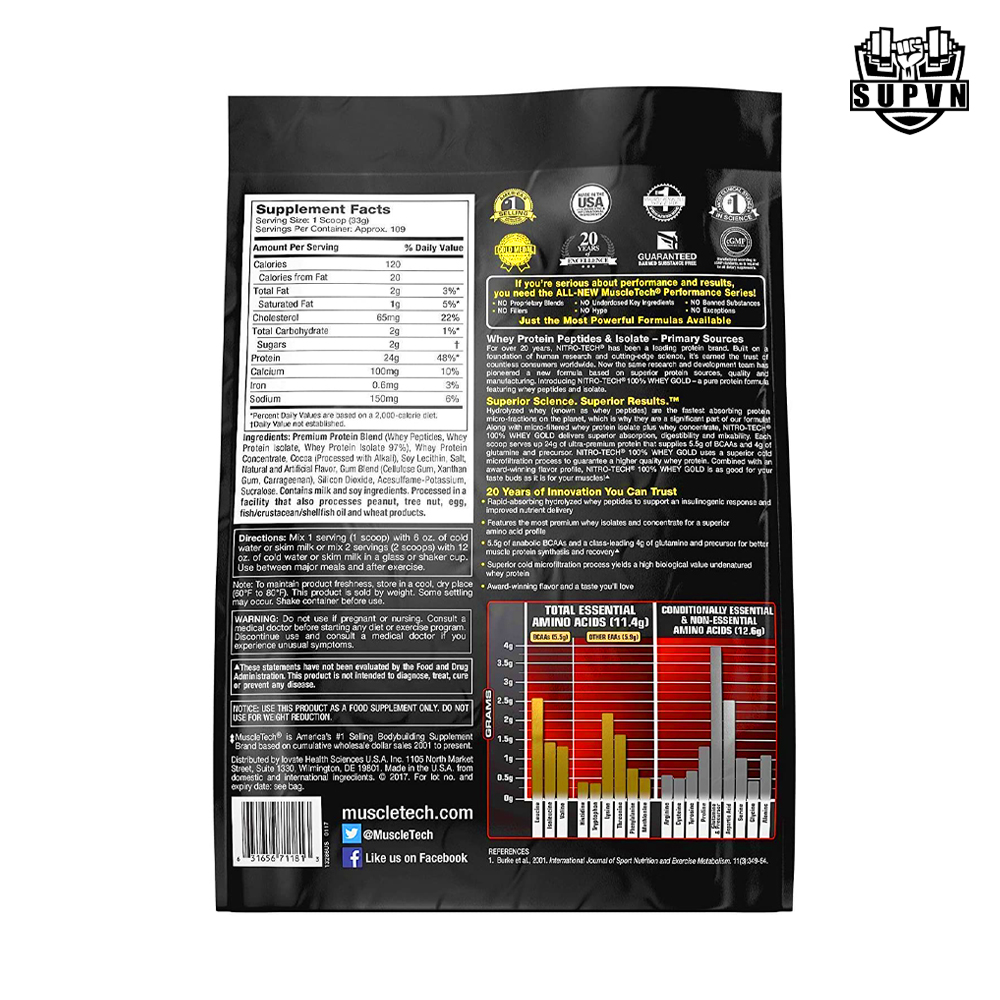 NitroTech 100% Whey Gold 8lbs (109Serving) - Sữa Tăng Cơ Whey Protein Tinh Khiết