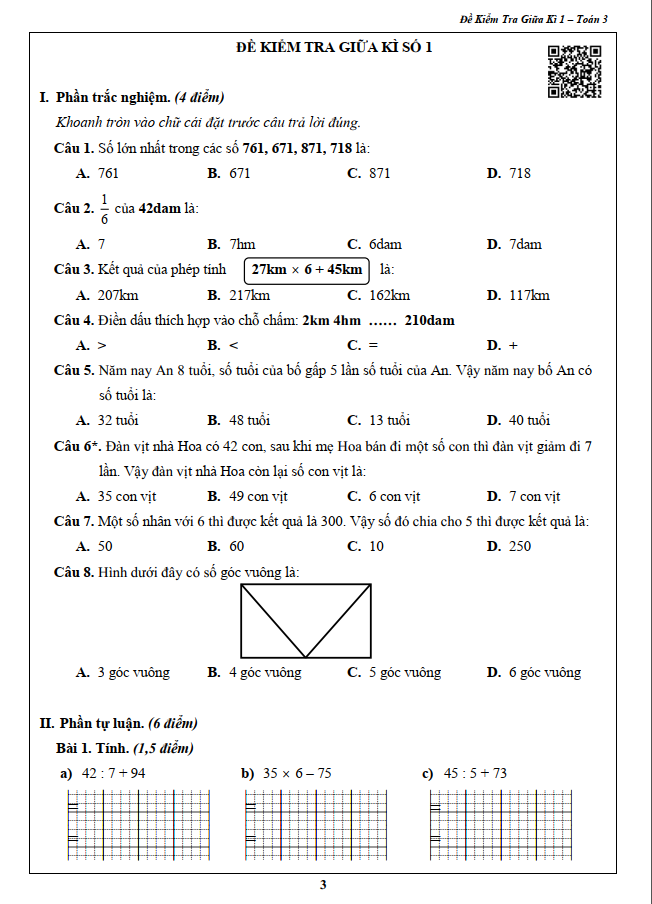 Sách - Đề Kiểm Tra Toán 3 - Học Kì 1 (1 cuốn)