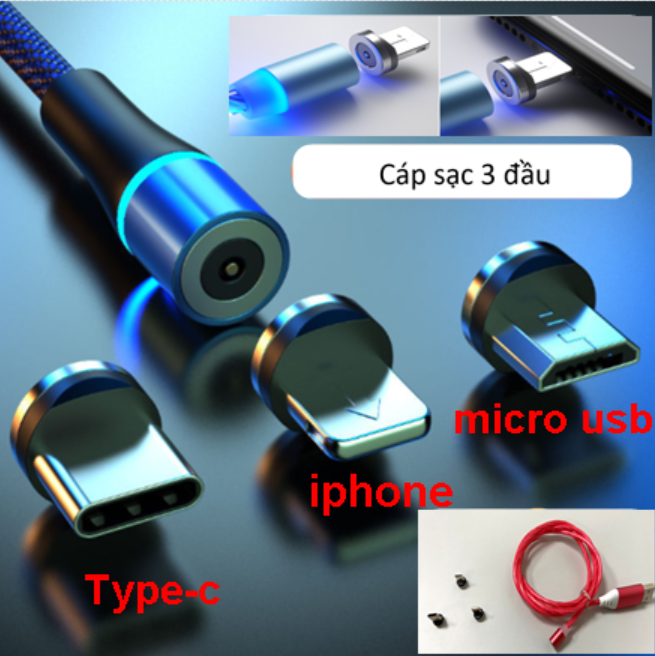 Cáp sạc nam châm 3 đầu dành cho iPhone, đầu Type C và Micro USB 360 độ dây dù,có LED cao cấp - Trọn bộ dây sạc từ hít nam châm tròn 360 độ + 3 đầu dành cho Iphone IOS, Micro Android, Type-C (