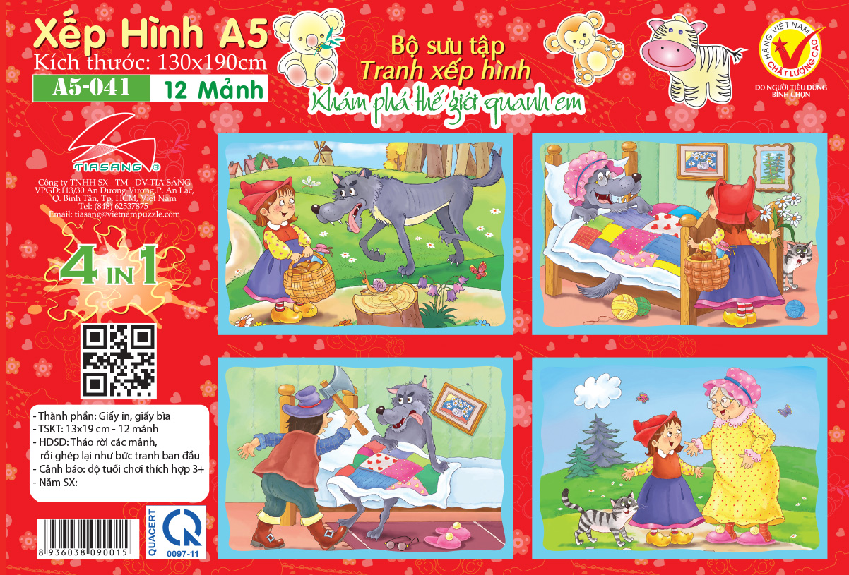 Bộ 4 Tranh Xếp Hình Cô bé quàng khăn đỏ ( 4 trong 1)