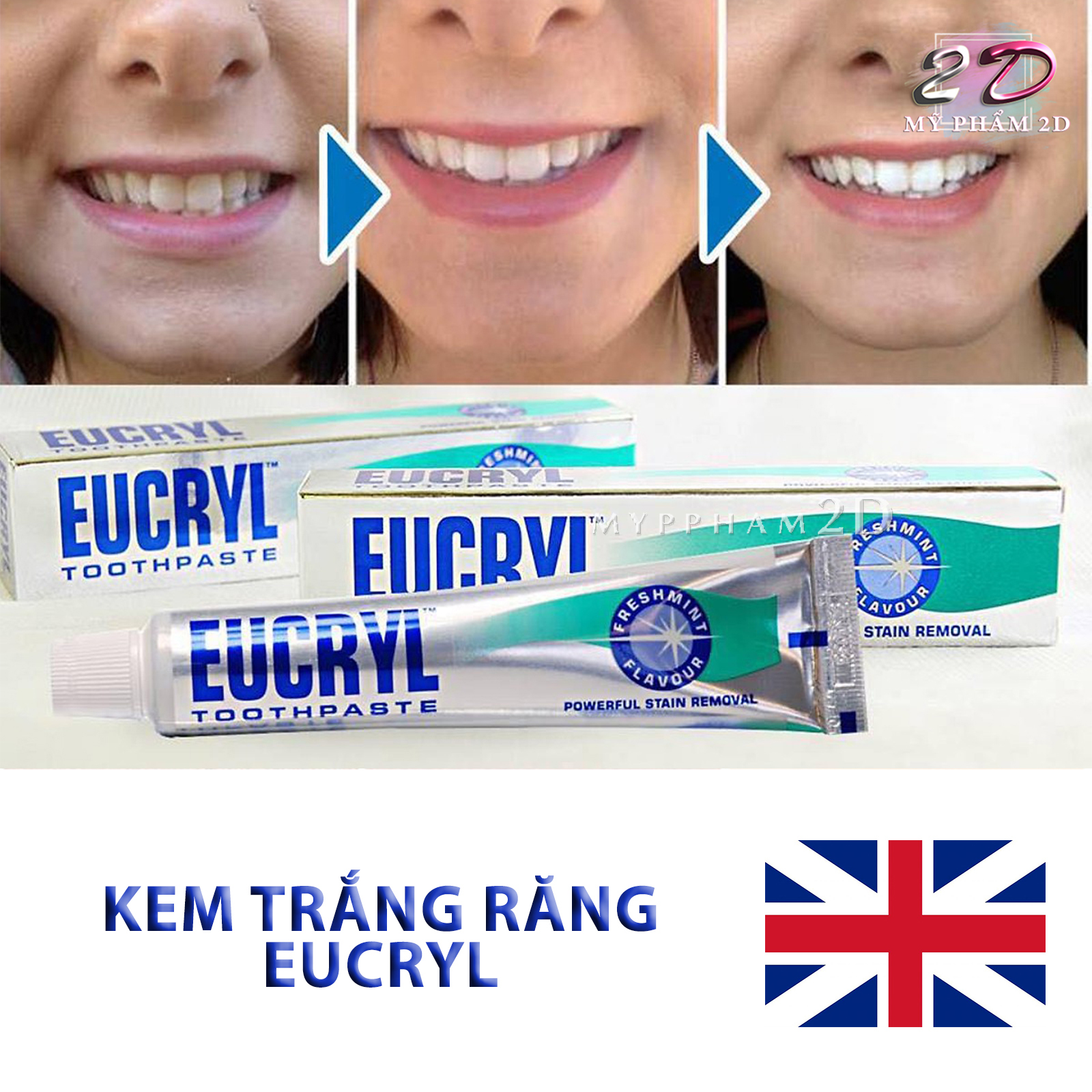 Kem đánh trắng răng Eucryl Freshmint Toothpaste Anh Quốc 62g [Đá dán răng 2D]