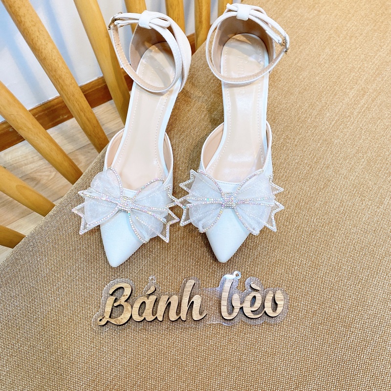 Giày Cao Gót Sandal Nữ Quai hậu nơ đính đá xinh Xuất sắc - cao 5p