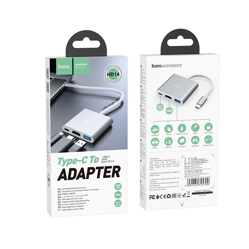 [HCM]CÁP CHUYỂN ĐỔI HOCO HB14 CỔNG TYPE-C SANG 3 CỔNG HDMI-USB 3.0- TYPE-C