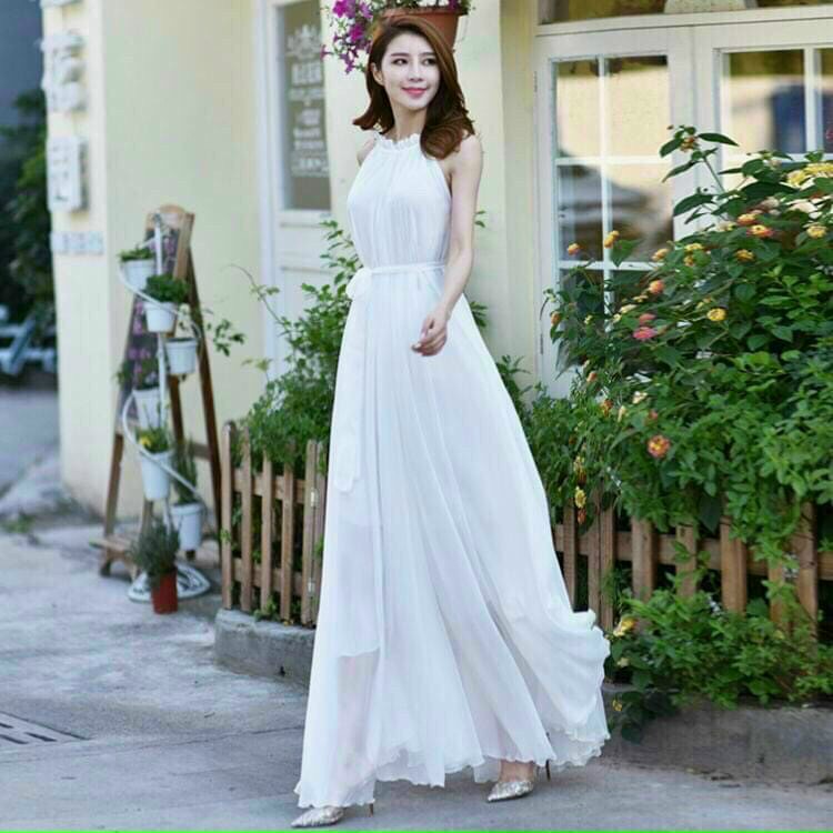 Đầm maxi dài cổ xếp ly voan kèm lót