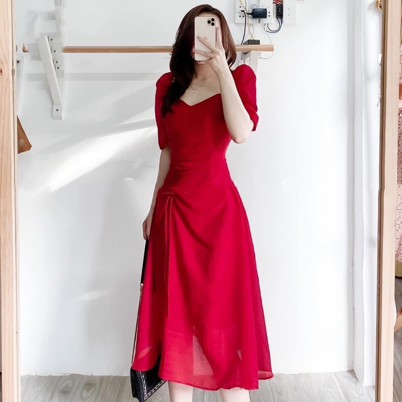Đầm cổ V tùng rút dây 2 màu