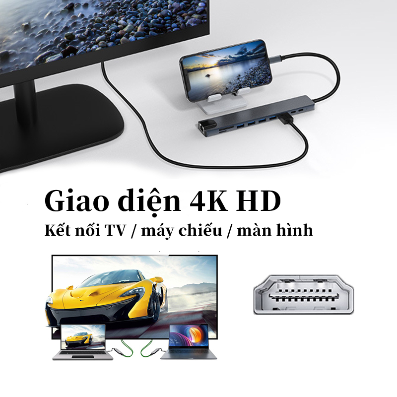 HUB Type C Tốc Độ Cao, Cổng chuyển đổi HUB USB Type-C Đa Năng to HDMI,USB 3.0,SD,TF,RJ45,PD Cho Laptop,Truyền Dữ Liệu Siêu Tốc