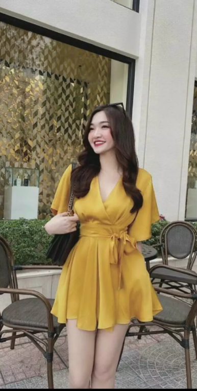 Đầm cổ V tay cánh dơi cột nơ eo có lót trong chất lụa satin cao cấp