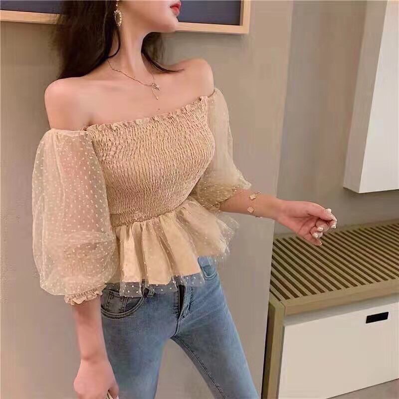 Áo nhún tay phối chấm bi phụng hoàng