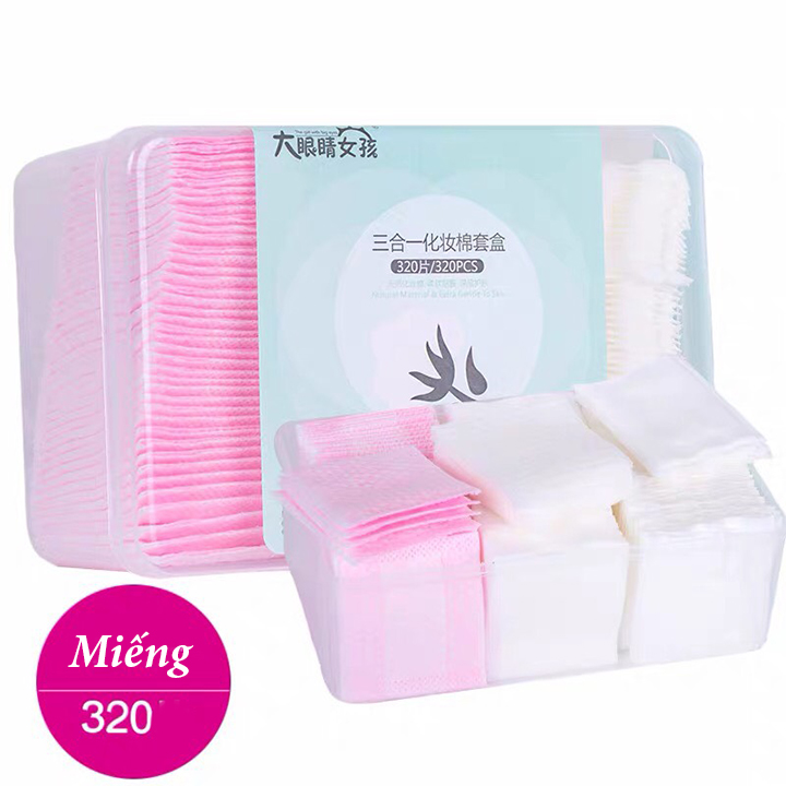 Hộp bông tẩy trang 320 miếng 3 in 1 cotton 100% mềm mịn, hộp bông tẩy trang 320 miếng tiện lợi, Hộp đựng bằng nhựa giúp dễ bảo quản và sạch sẽ