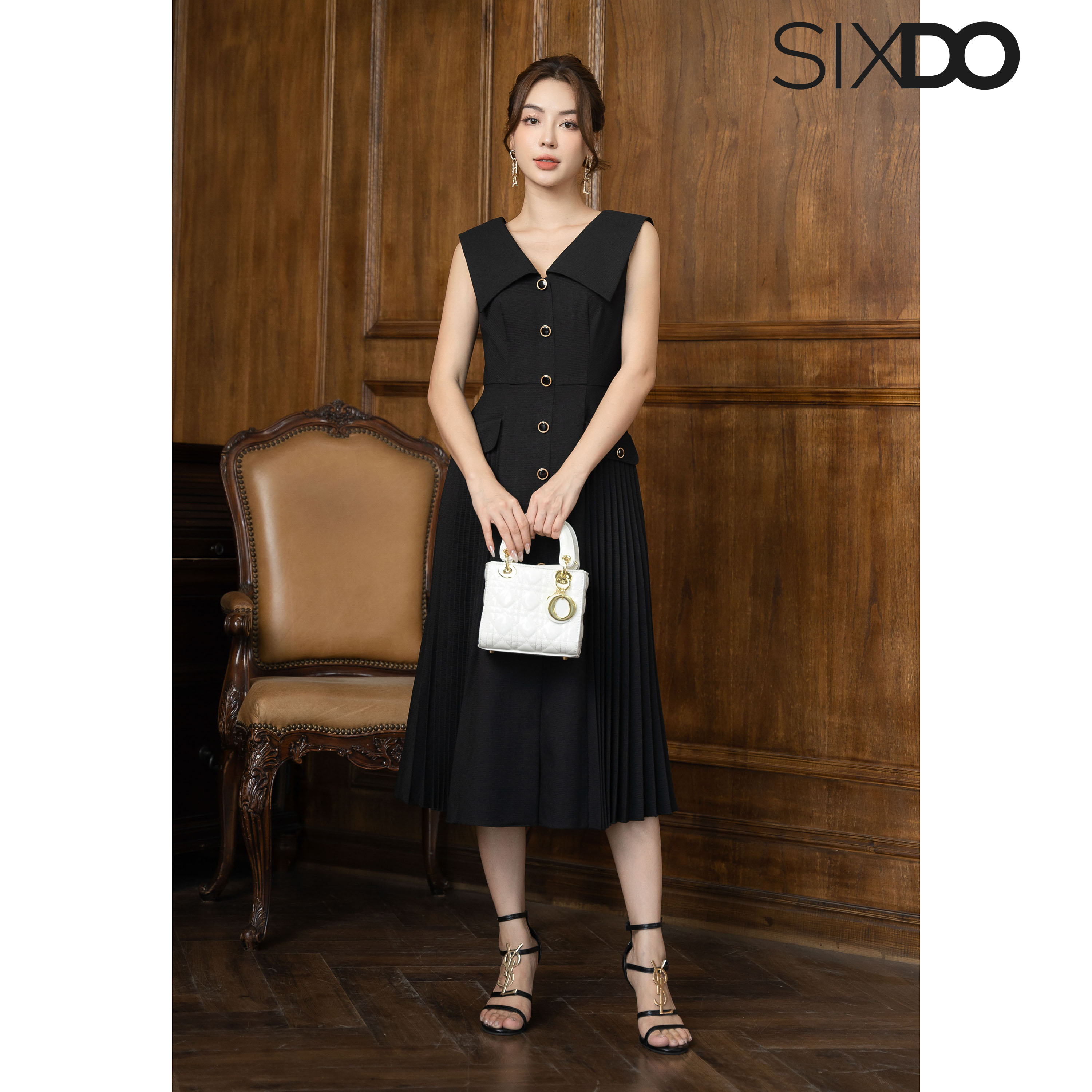 Đầm đen sát nách cổ V SIXDO (Black Chelsea Collar Midi Raw Dress)