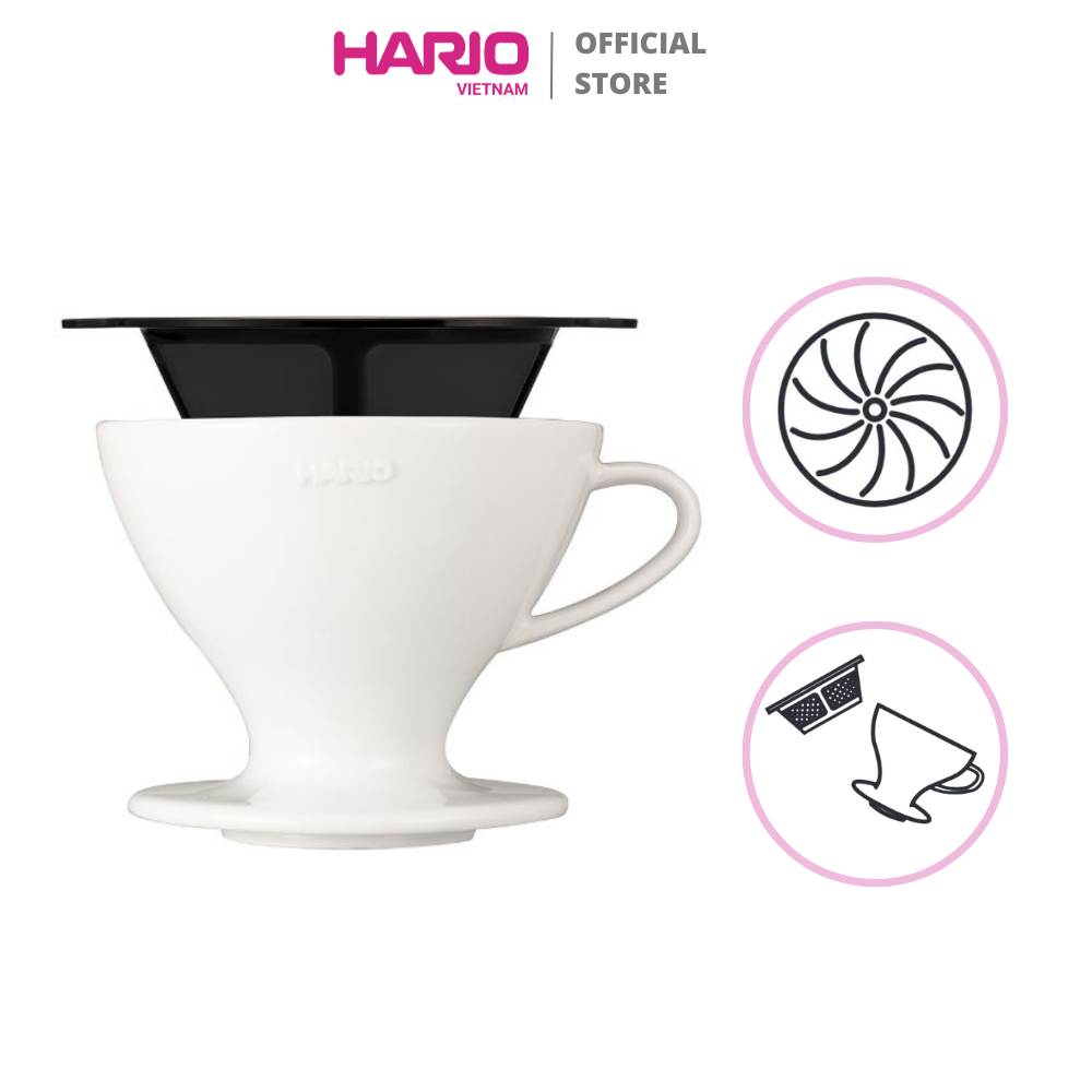 Phễu sứ pha cà phê HARIO W60 (Trắng, kèm lưới lọc đáy phẳng, pha được 3 cách) - W60 Dripper PDC-02-W