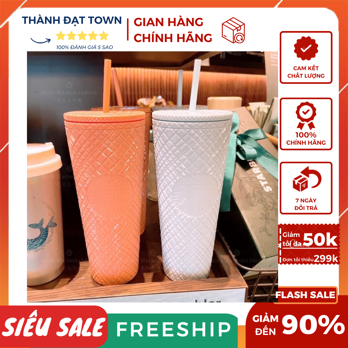 Ly, cốc Starbucks phiên bản hồng và trắng mattle logo dập nổi hot 2023