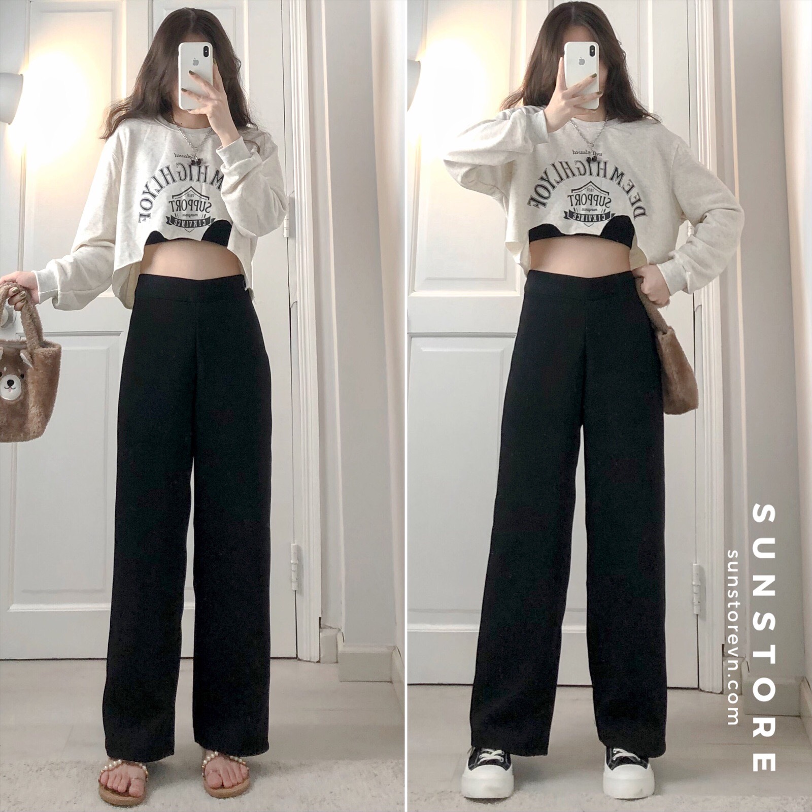 Quần ống rộng culottes suông dài chất dày cao cấp lưng cao 2 màu đen be hình thật - Sunstore.vn