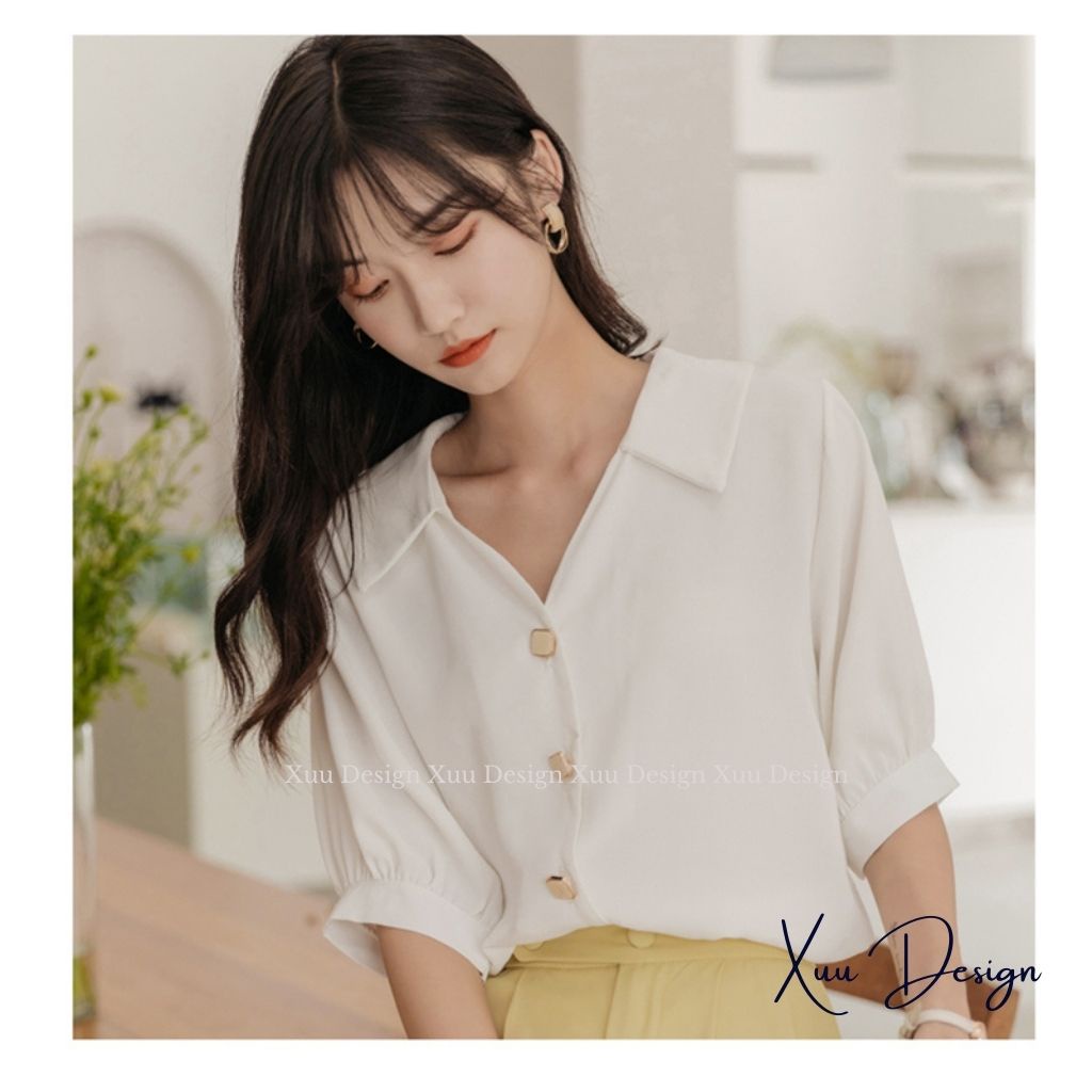 Áo sơ mi nữ kiểu cổ V Xuu , kiểu dáng basic trơn tay lỡ thời trang - SP44