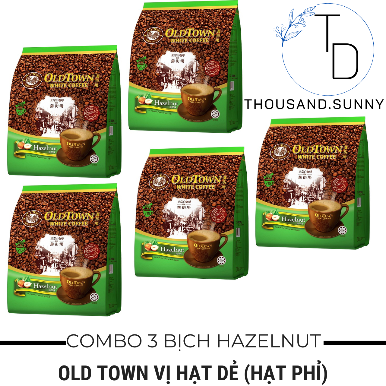 (DATE 2024) COMBO 05 Bịch Cà Phê OLD TOWN White Coffe Hazelnut Malaysia 2023