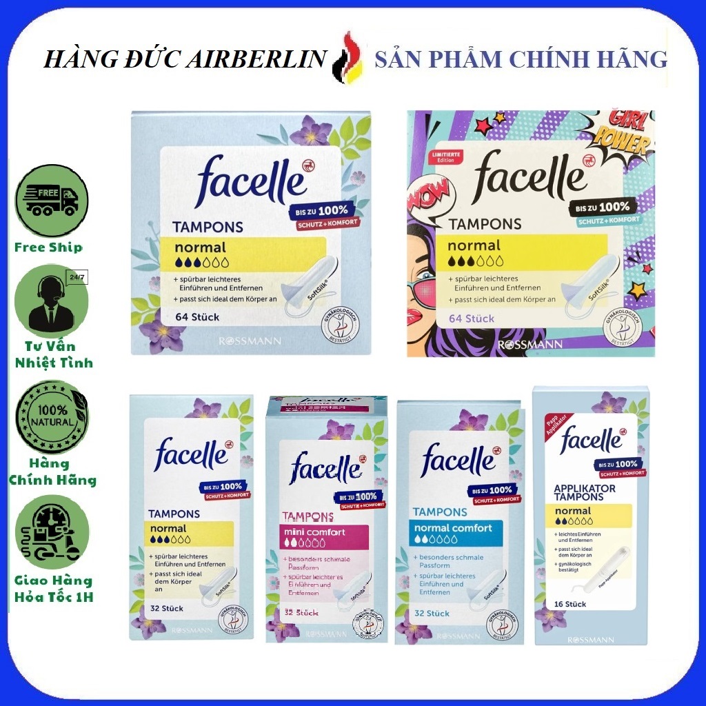 [Hàng Đức chính hãng.HN] Băng vệ sinh Tampon Facelle Đức đầy đủ size {hangducairberlin}
