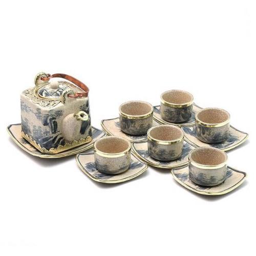 Bộ ấm chén vuông men rạn bọc đồng gốm sứ Bát Tràng (bộ bình uống trà, bình trà)