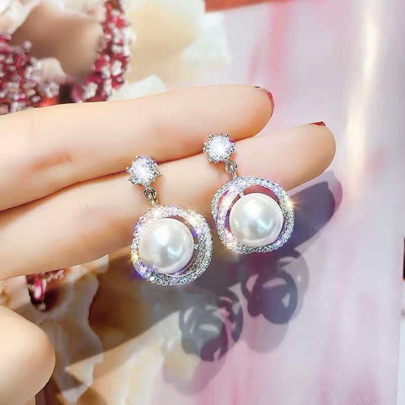 Bông tai hạt châu tròn bạc cao cấp