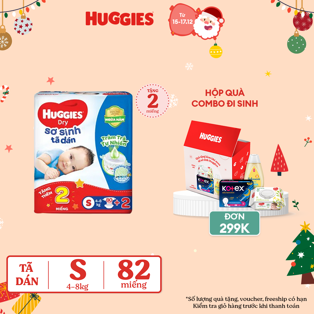 Tã/Bỉm dán sơ sinh Huggies Dry  Tràm Trà S80 - 80 miếng