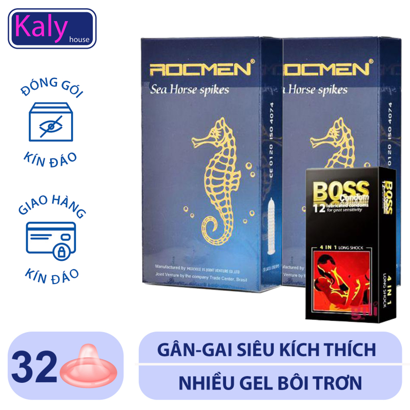Bộ 2 Hộp Bao Cao Su Siêu Gai kéo dài thời gian Cao Cấp Rocmen Cá Ngựa Xanh Hộp 10 Chiếc x 2 hộp.+Tặng 1 hộp Bao Cao Su Cho Boss 4 in1 Gân Gai Kéo Dài Thời Gian Hộp 12 Cái Kalyhouse
