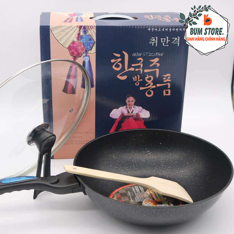 Chảo Đá Coopia Hàn Quốc Size 32cm Có Nắp Kính, Bộ Chảo Sâu Lòng Chống Dính Chất Liệu Vân Đá Siêu Bền Cho Bếp Của Bạn Tặng Kèm Vá Gỗ. - BUM STORE