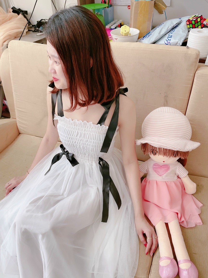 Đầm Lưới Đính Nơ,Đầm 2 Dây Phối Nơ,LY STORE