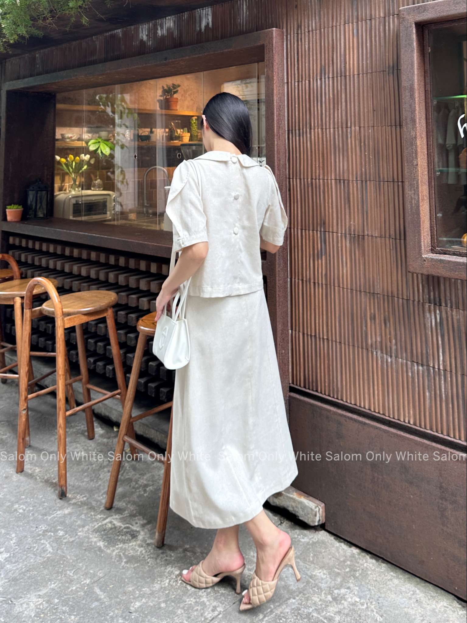 𝐋𝐚𝐝𝐲 𝐋𝐢𝐧𝐞𝐧 𝐒𝐞𝐭 - Set Áo Cổ Sen Và Chân Váy Midi Kẻ Dọc SALOM (Ảnh thật chính chủ)