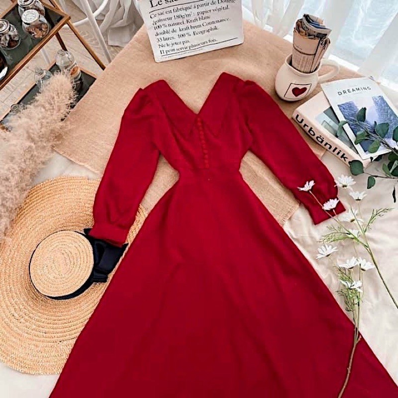 Đầm cổ vest nút bọc 2 màu