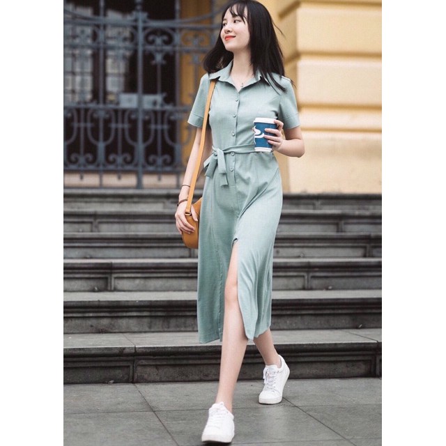 Đầm sơ mi mint xẻ tà