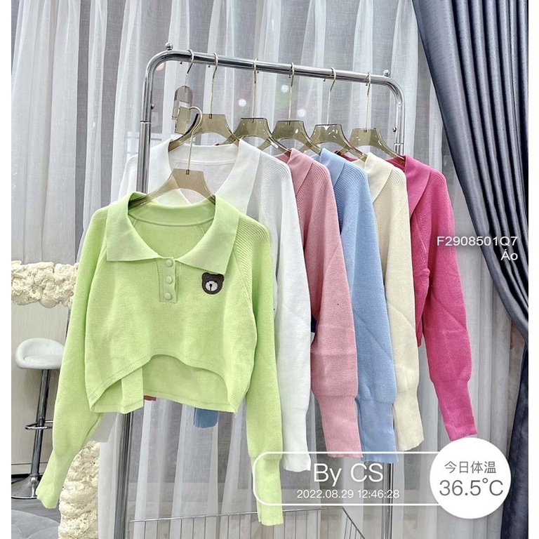 Áo len croptop cổ bẻ tay dài phối gấu