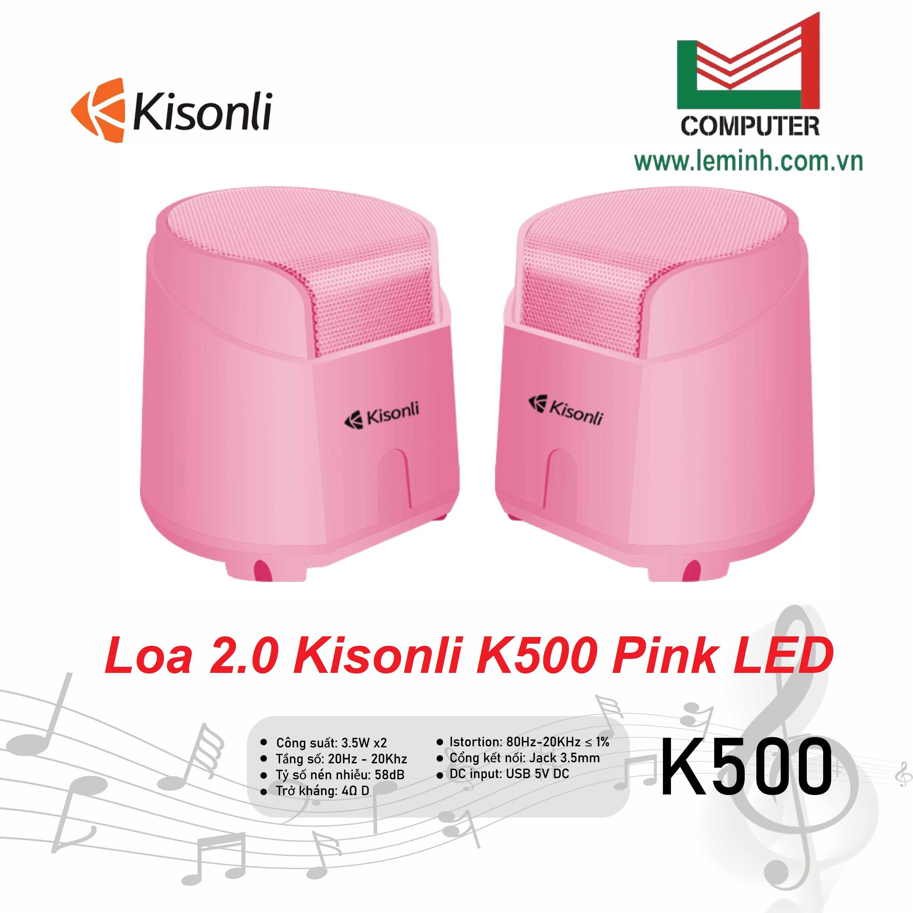 Loa Vi Tính 2.0 Kisonli K500 Pink LED (màu Hồng)