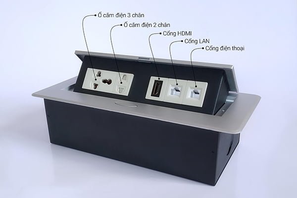 Hộp điện âm bàn tích hợp nhiều cổng kết nối nhấn là mở rất tiện lợi
