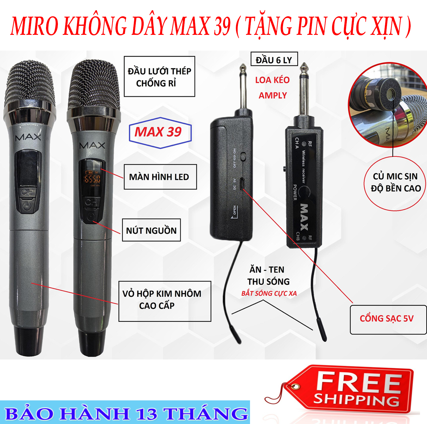 [ CHÍNH HÃNG MAX ] Micro Không Dây Hát Karaoke Đa Năng MAX 39 Cực Nhạy Chống Hú Rít Tốt‎ Hát Nhẹ Và Êm Karaoke Chuyên Nghiệp Chất Lượng Âm Thanh Sống Động Micro Không Dây Dùng Cho Amly Loa Kéo Shure Sony Arirang BH 12 Tháng.