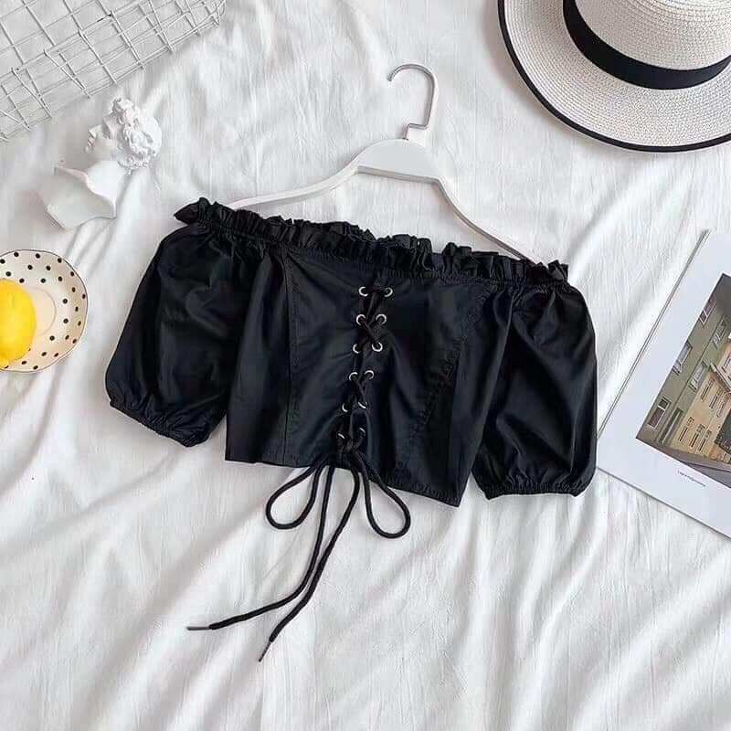 Áo voan kiểu bẹt vai tay phồng phối đan dây ở giữa mẫu mới siu hot ttsl0096