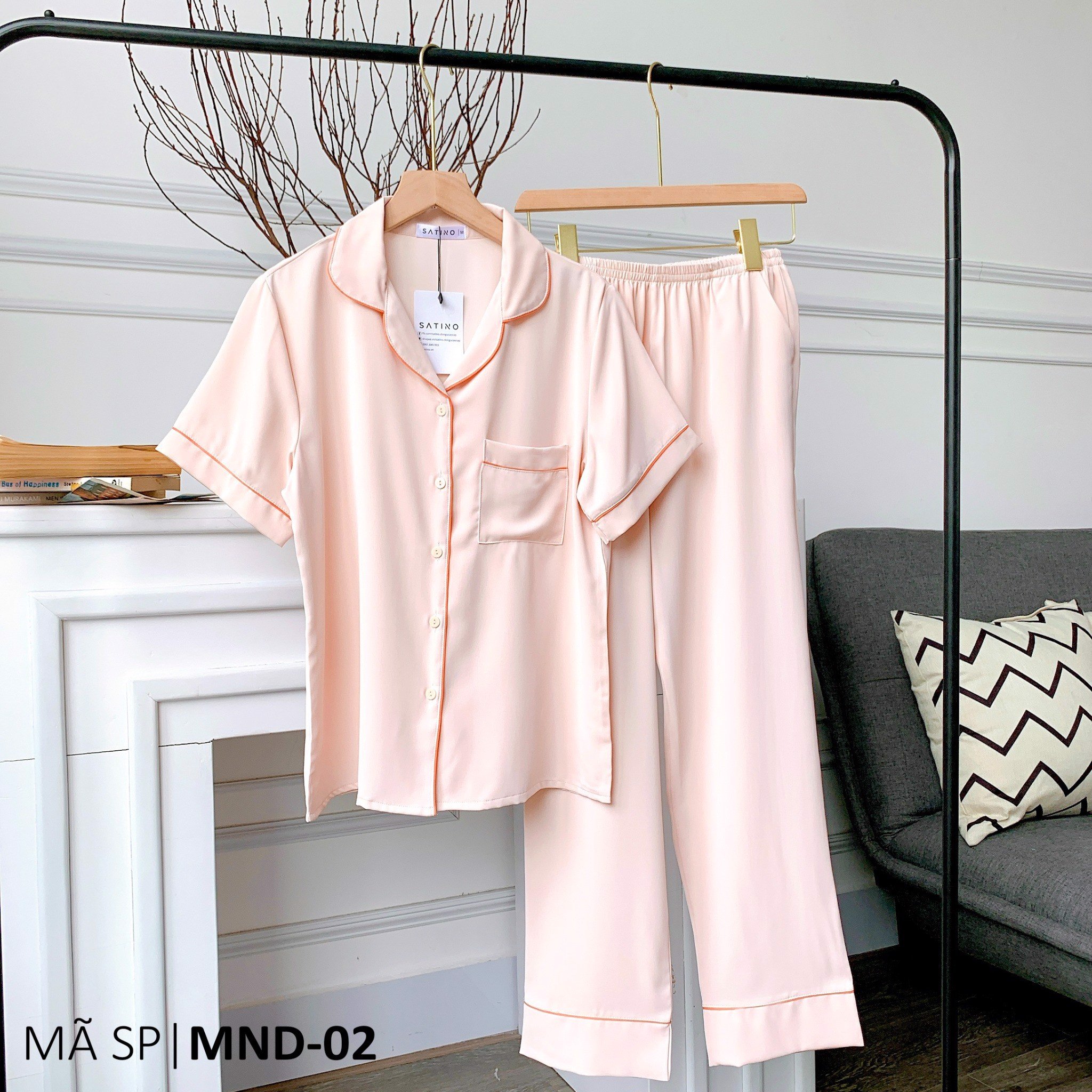 Pijama Lụa Tay ngắn quần dài Satino - Nude & White