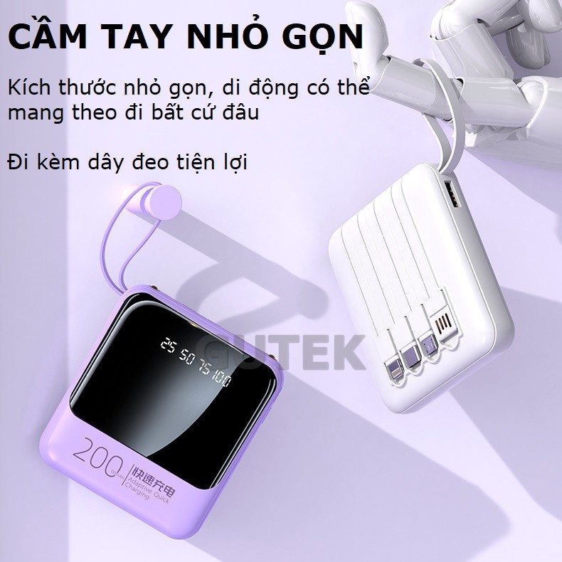 Sạc dự phòng 20000mAh Gutek P301 dung lượng pin lớn tích hợp dây sạc nhanh cho nhiều thiết bị điện thoại