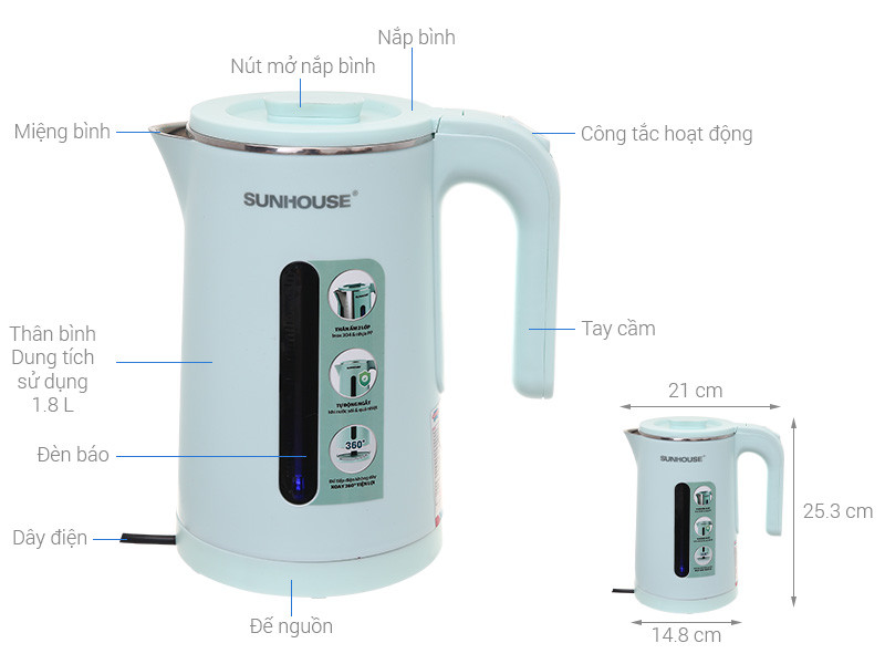 (BH 12 THÁNG) Ấm đun siêu tốc 2 lớp Sunhouse SHD 1351 (1.8 lít)