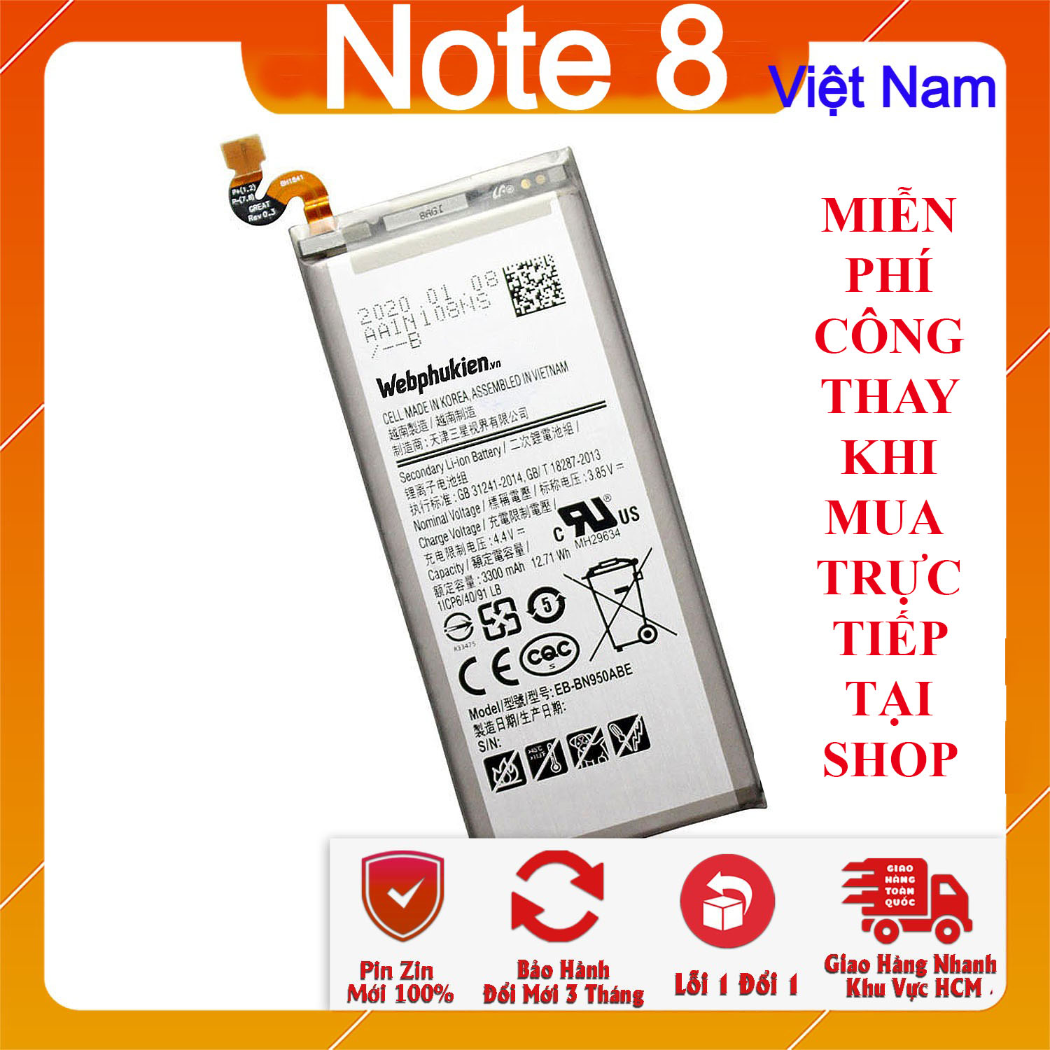Pin webphukien cho Samsung Galaxy Note 8 EB-BN950ABE 3300mAh (Trắng)