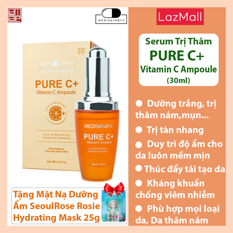 Tinh chất serum dưỡng trắng da , mờ thâm nám tàn nhang Mediskinbyc pure C 30ml Tặng 01 mặt nạ cấp ẩm SeoulRose Rosie Mask 25g