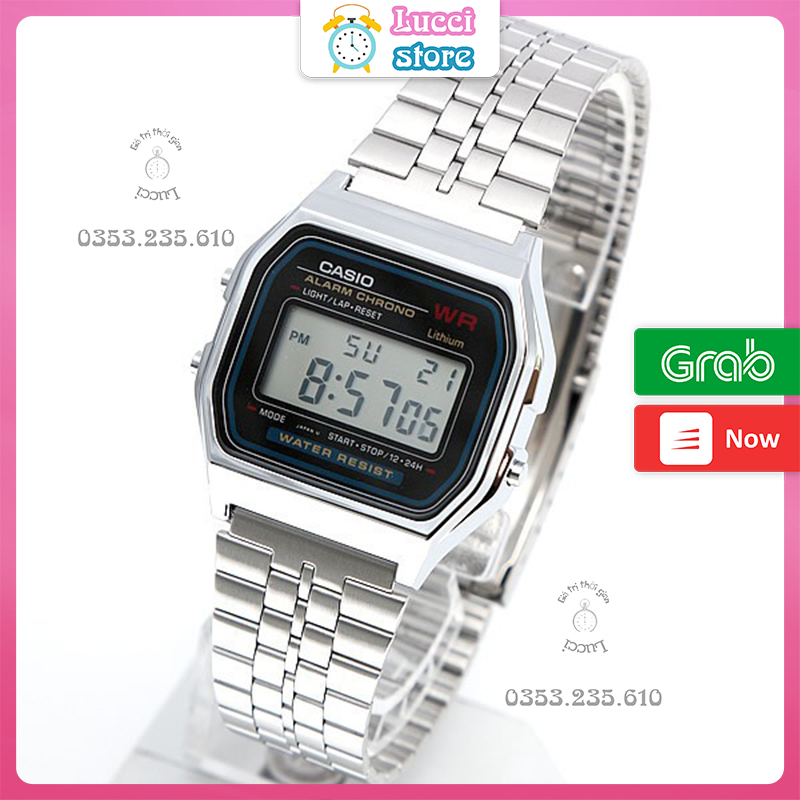 Đồng hồ casio điện tử A159, đồng hồ nam nữ dây thép không gỉ cao cấp full box thiếc