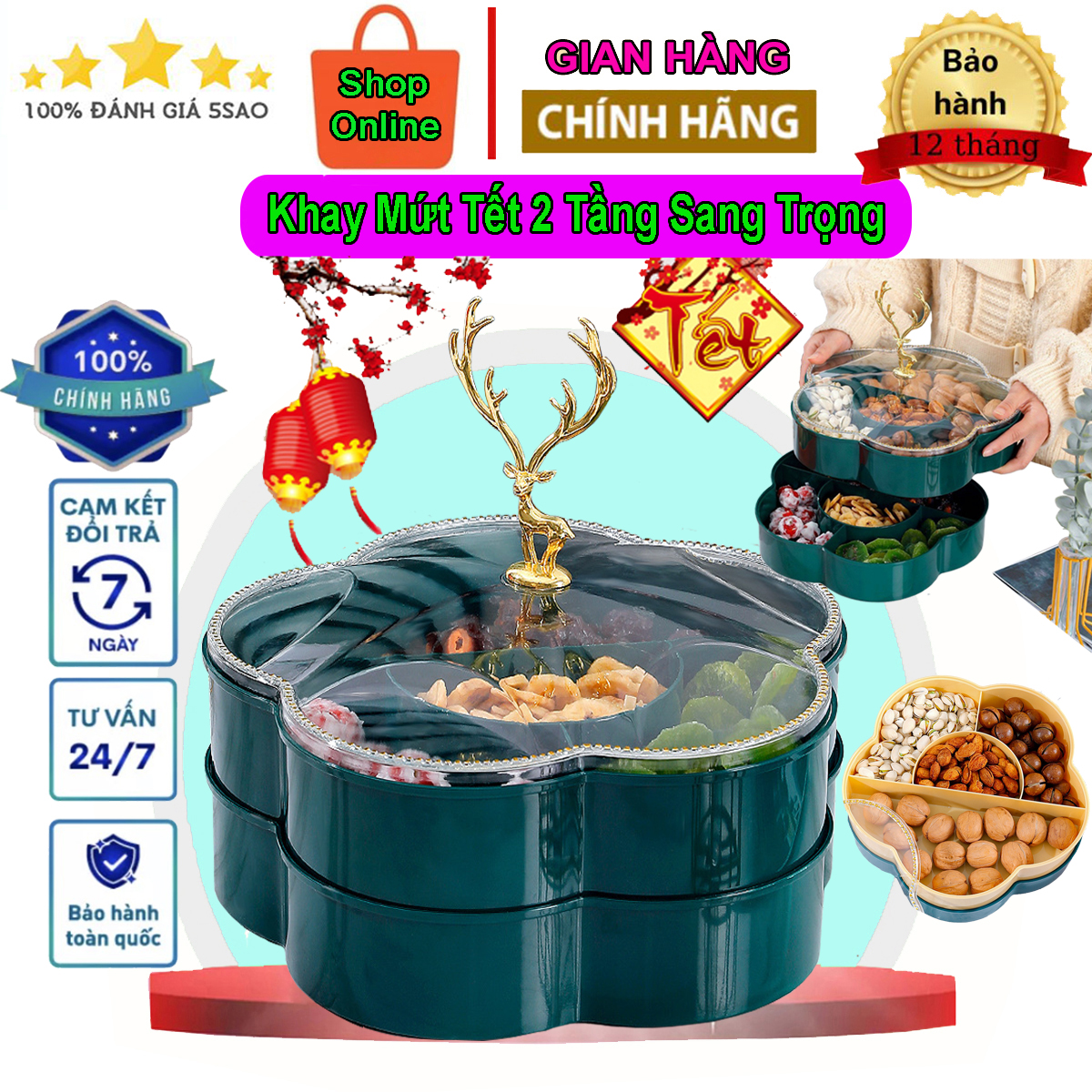 Hộp đựng mứt tết 2 tầng cao cấp - khay mứt tết, thiết kế tay cầm hình hươu sang trọng tinh tết, hộp mứt tết làm qùa tặng cho đồng nghiệp, bạn bè, người thân trong dịp tết, khay đựng mứt tết 2 tầng, hộp đựng mứt, khay mứt