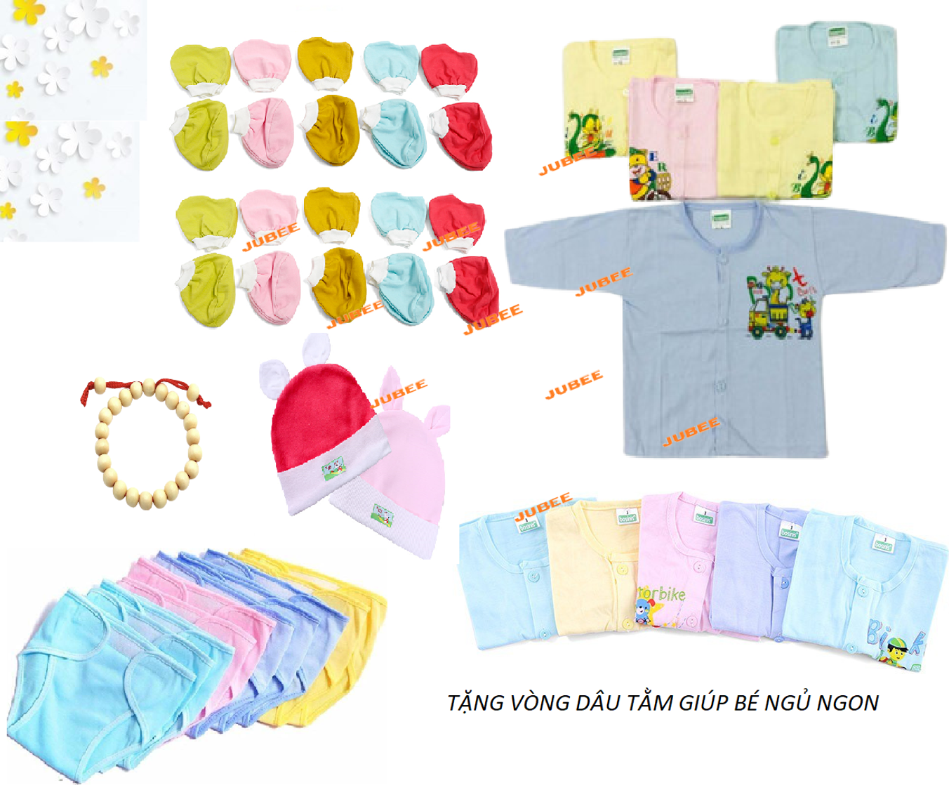 [ TẶNG VÒNG DÂU TẰM] Combo 37 Món Áo Quần Sơ Sinh 100% cotton( 5 áo Màu Nút Giữa + 10 tã dán + 10 cặp bao tay + 10 cặp bao chân + 2 nón)
