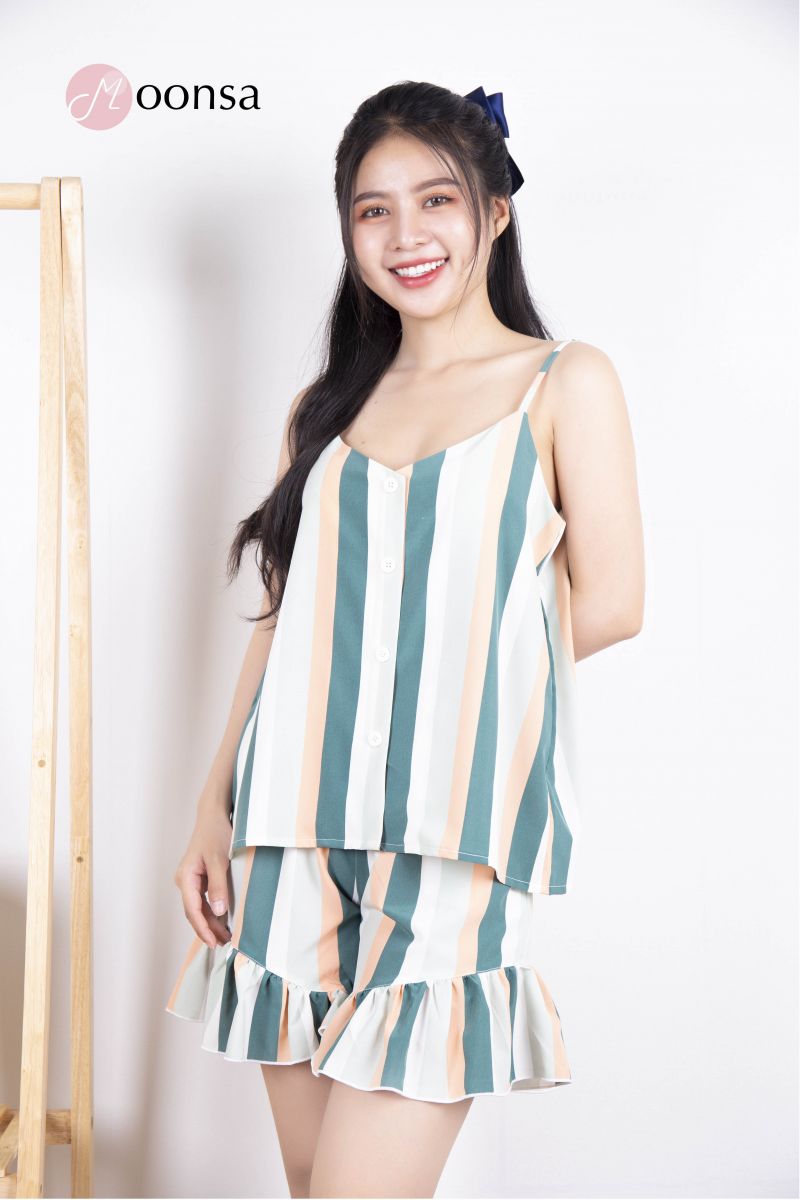 Bộ Đồ Ngủ Lụa Kẻ Sọc Bèo Nhún [Moonsa]